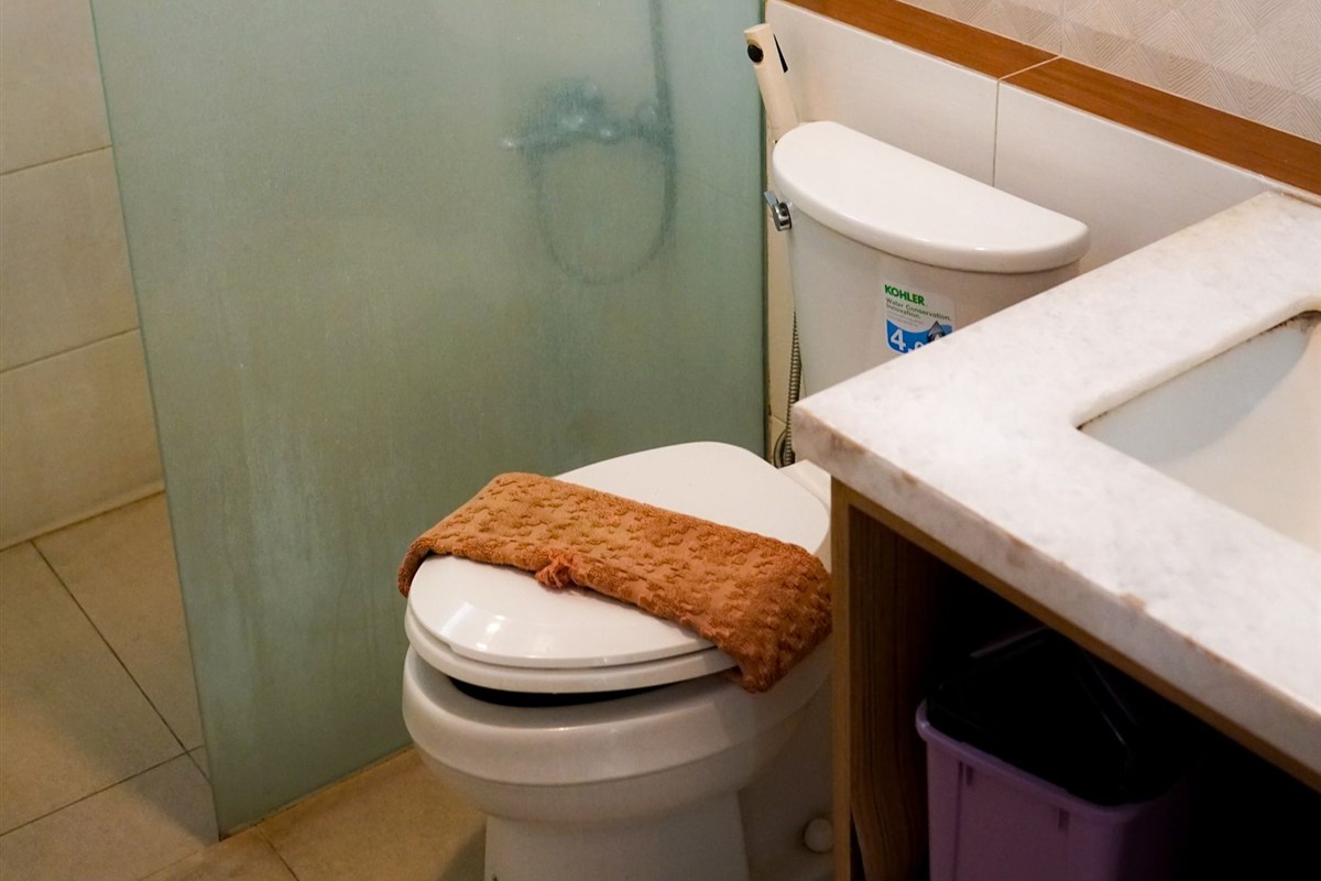Toilet beside a glass shower enclosure in a home bathroom.